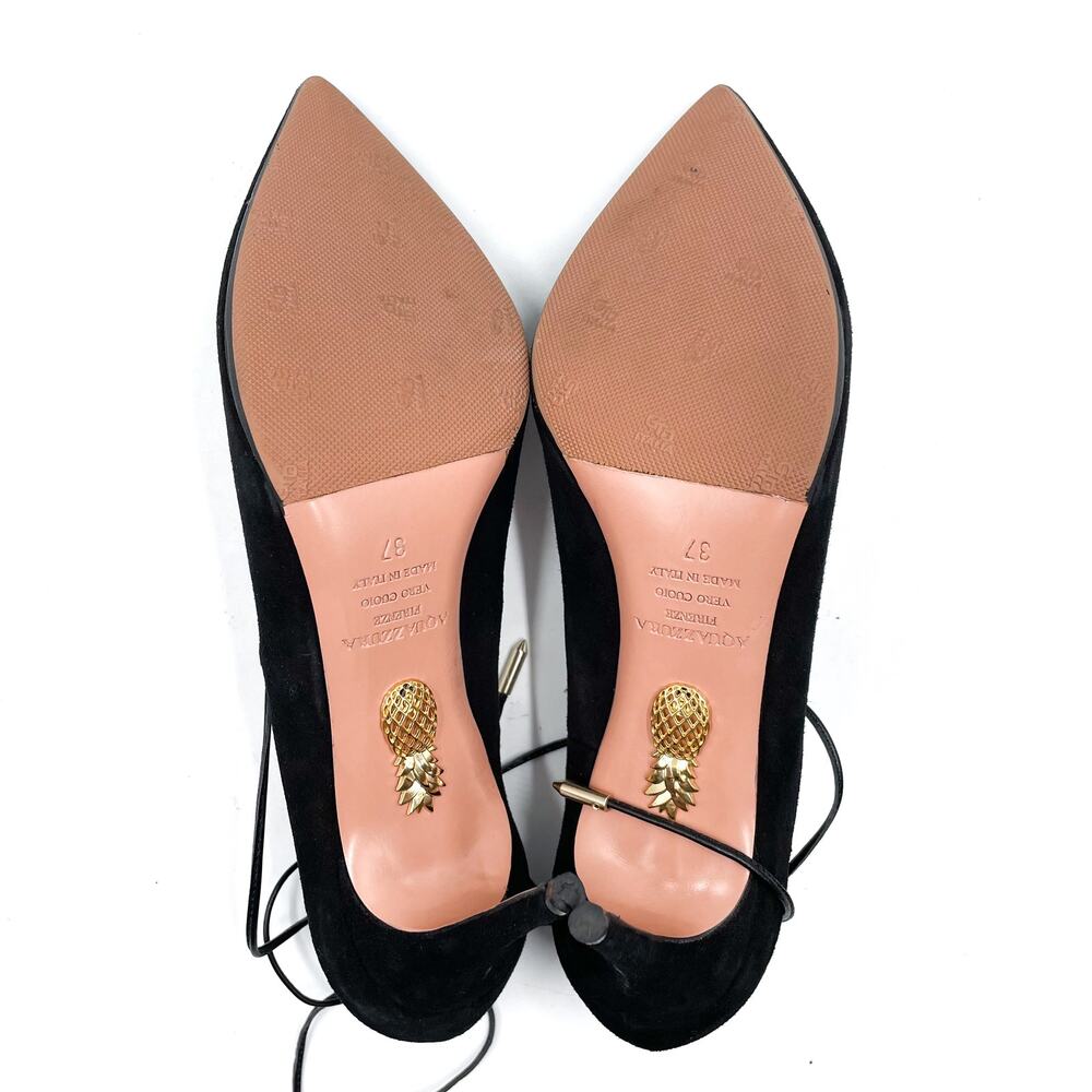 Aquazzura Fellini Pumps Black Suede Leather Trimmed Pointed Ankle Tie Sz 37 /‎ 7 - Picture 13 of 14
